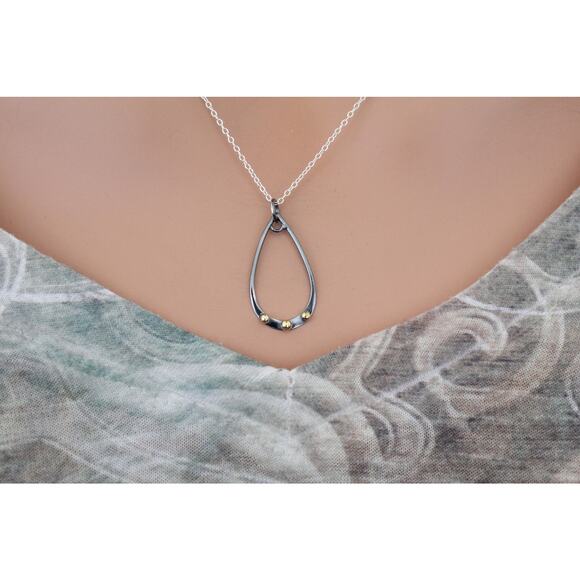 Sterling Silver Black Finish Teardrop Charm Bronze Granulation Charm Necklace - Picture 4 of 4